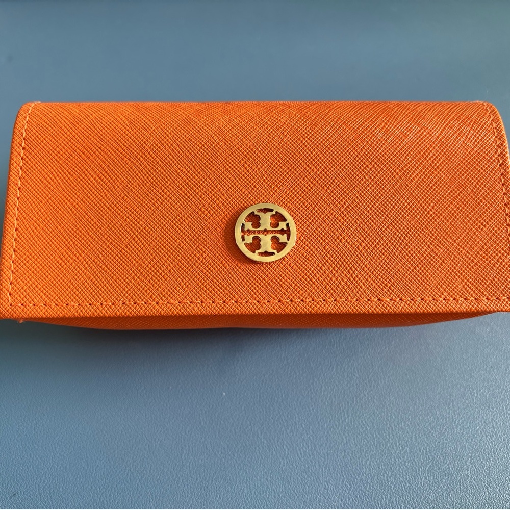Tory Burch Orange Saffiano Leather eye glass case.